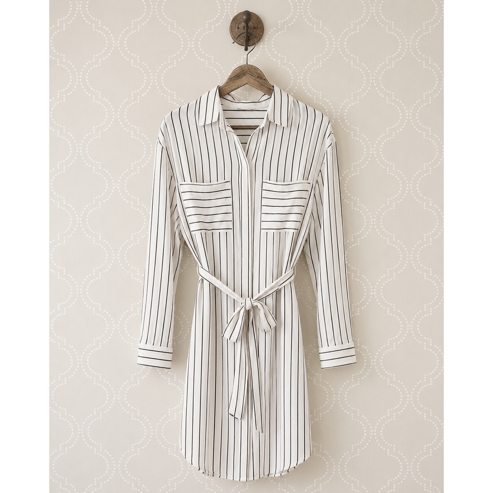 Gap Striped Shirt Dress Belted Button Front Navy White Size M Tall